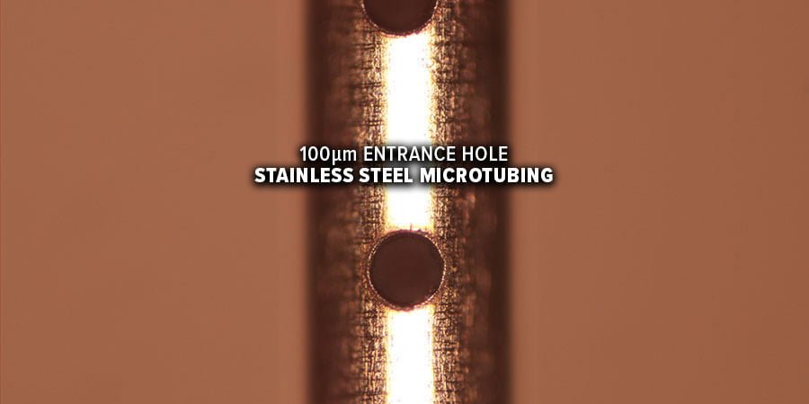 100um laser drilled hole in stainless steel micro medical tubing